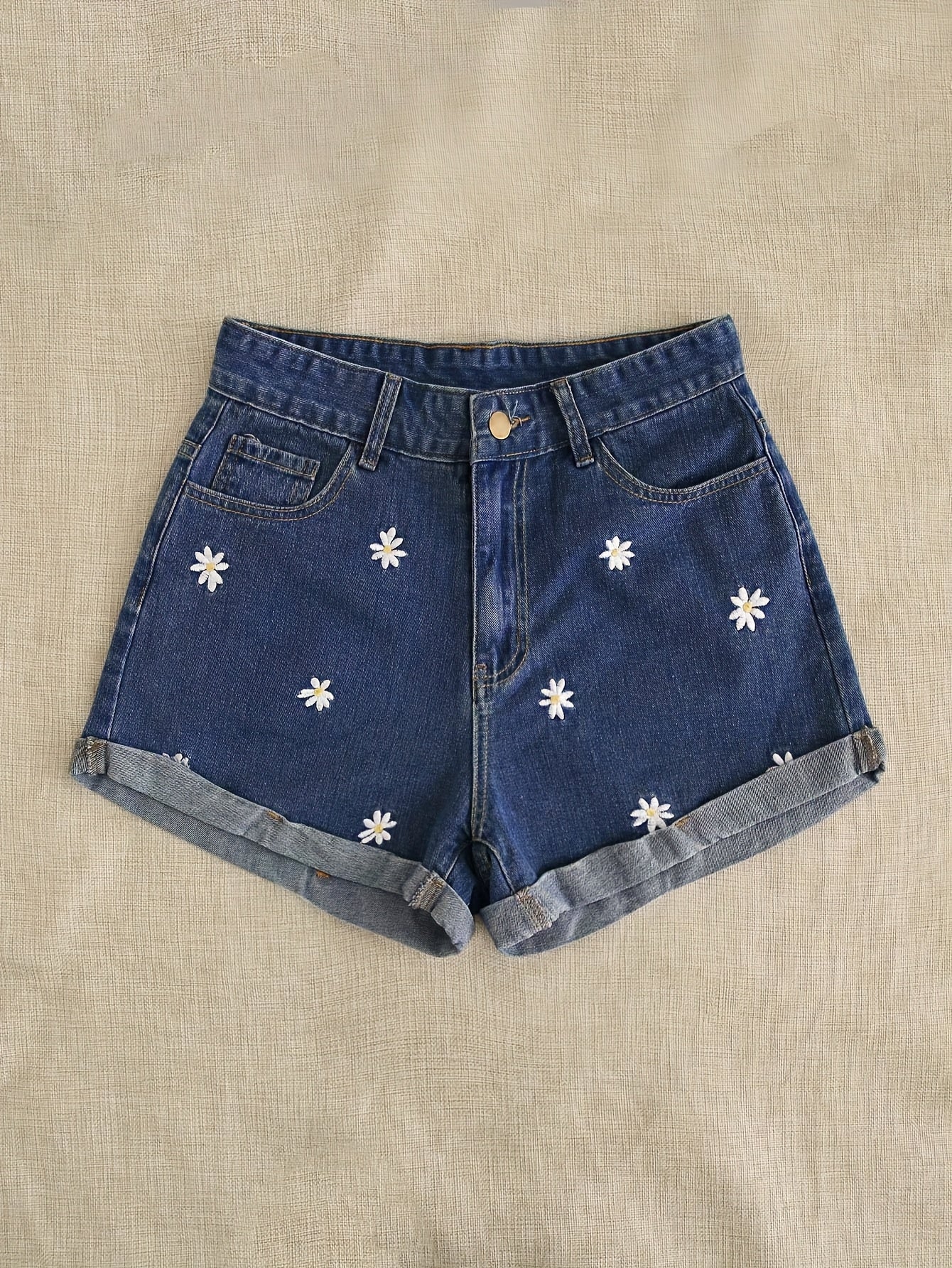Women's High-Waisted Short Denim Shorts with Embroidery - Straight- Casual Summer Shorts Suitable for Spring/Summer, Machine-Washable Denim Shorts with Built- Zipper Closure