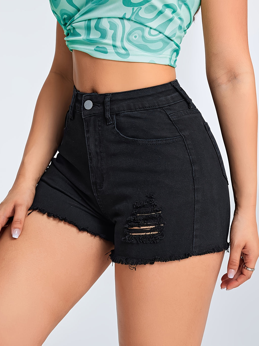 Women'S Casual Stretchy Ripped Fringe Denim Shorts