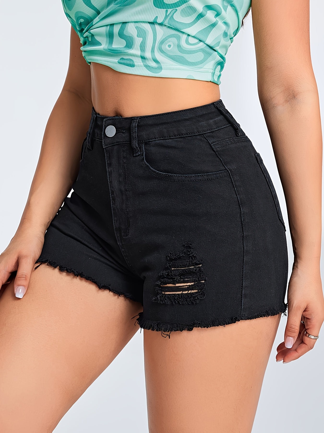 Women'S Casual Stretchy Ripped Fringe Denim Shorts
