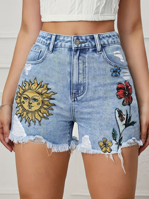 Authentic Footage of The New Spring And Summer Printed Frayed Casual High-Waisted Slim-Fit Versatile Straight-Leg Denim Shorts for Women 11-18087