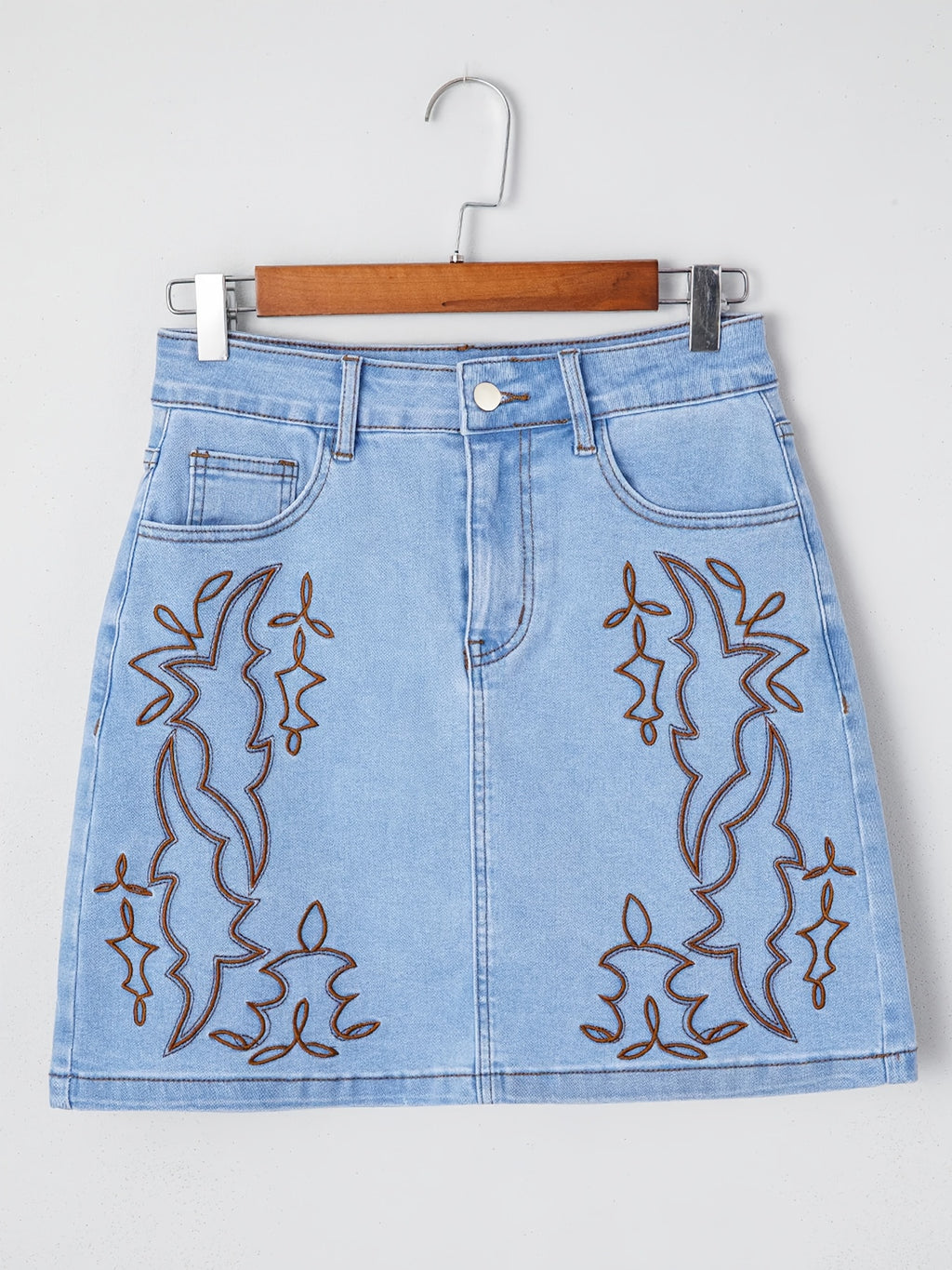 DX2511-B297 Women's Western Embroidered Denim Mini Skirt, High-waisted Stretchy Denim Pencil Skirt, Versatile Commuting, Women's Jeans and Apparel