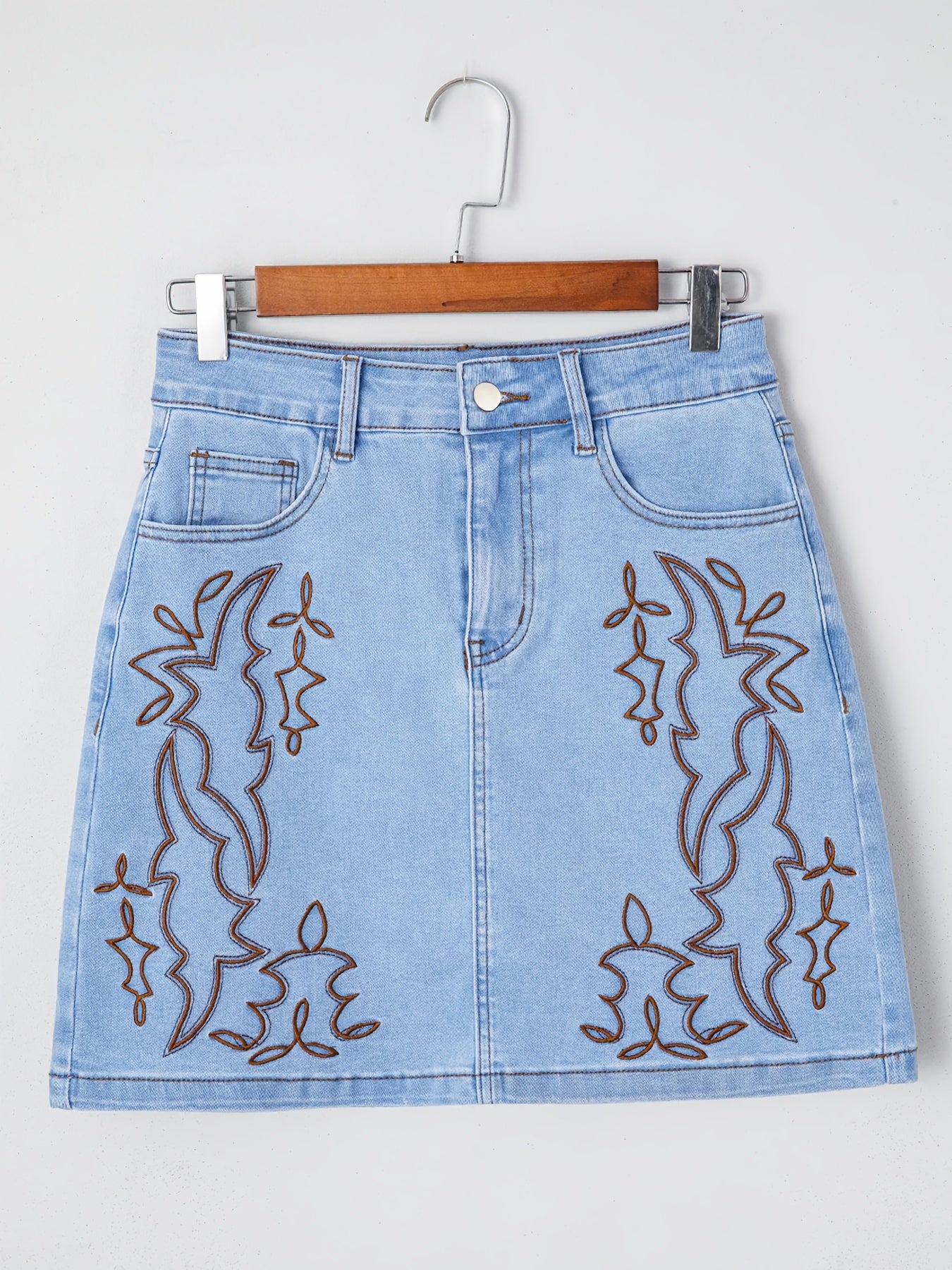 DX2511-B297 Women's Western Embroidered Denim Mini Skirt, High-waisted Stretchy Denim Pencil Skirt, Versatile Commuting, Women's Jeans and Apparel