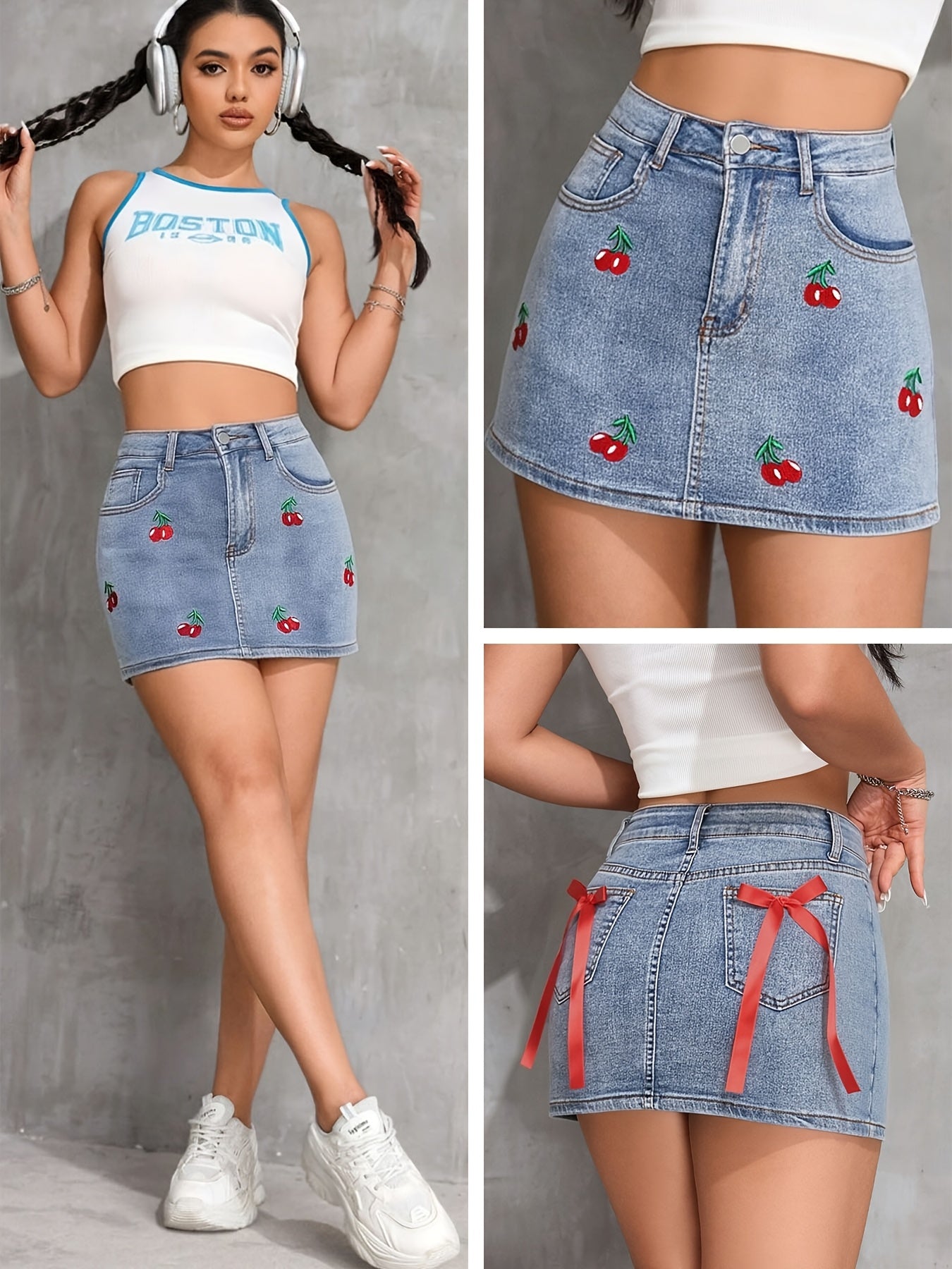 1pc New Women's Cherry Embroidery Bow Pocket Accent Stretch Loose Blue Denim Skirt, Casual Minimalist Washed Denim Skirt with Pockets, Mid-Waist Waist-Cinching Comfortable Solid Color Denim Skirt, Elegant Women's Clothing, Suitable for Work, Travel