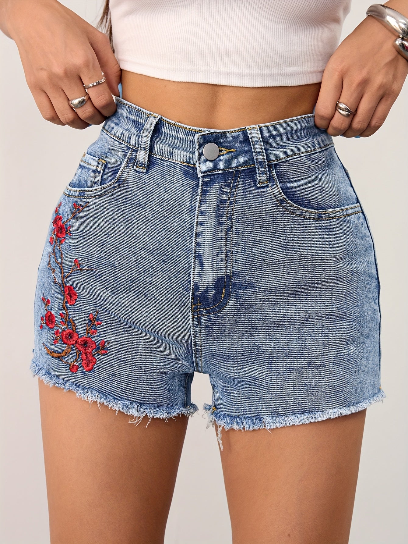 Women's Casual Slim-Fit Stretch Embroidered Raw Hem Denim Shorts