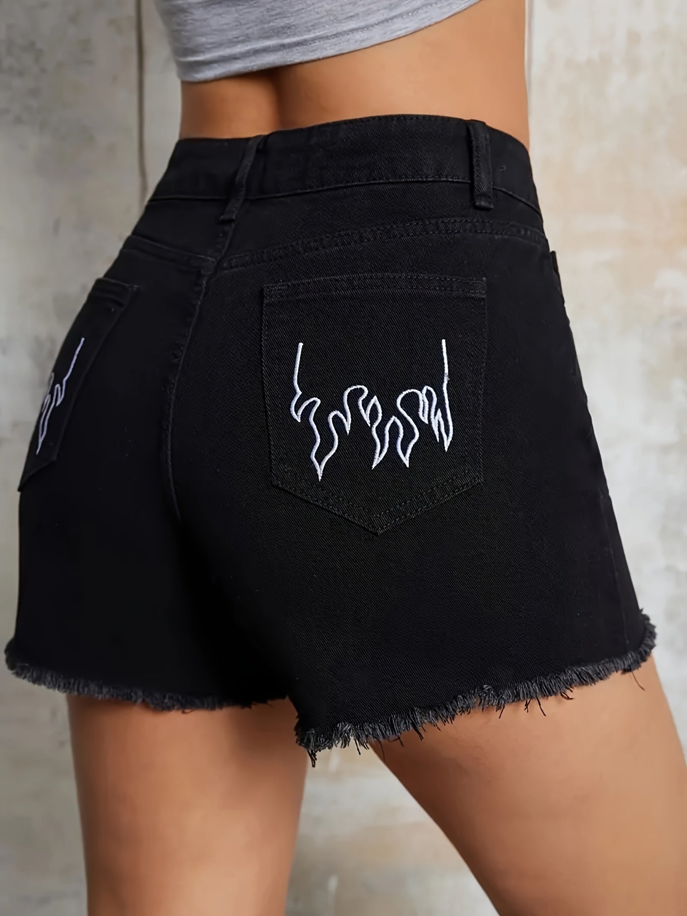 Women's - Embroidered - Denim Shorts - Frayed