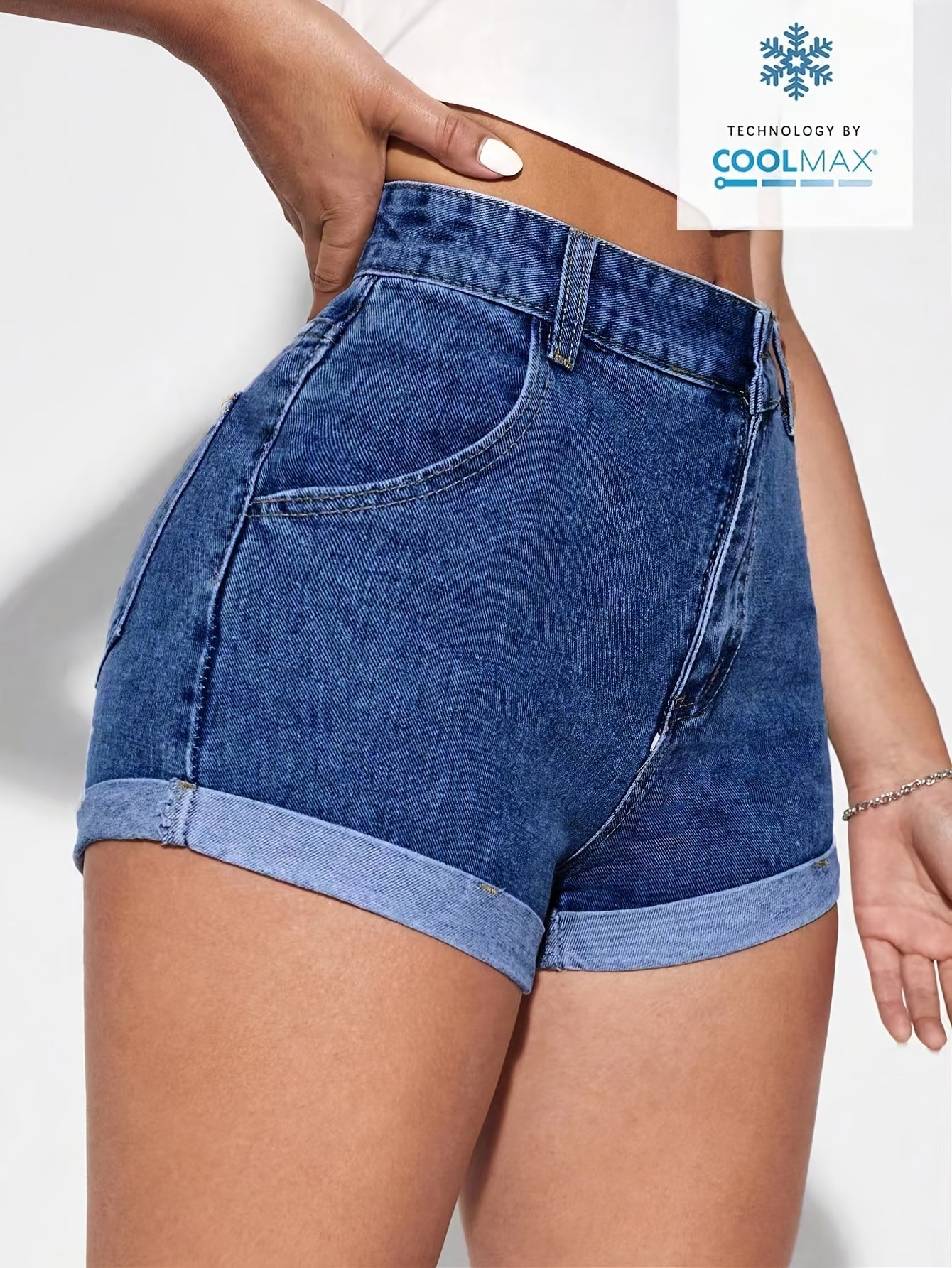 2026 New Women'S Denim Blue High Waisted Denim Shorts | Comfortable, High-Quality, Elegant, Casual, Summer, Rolled Edges, Button Detail