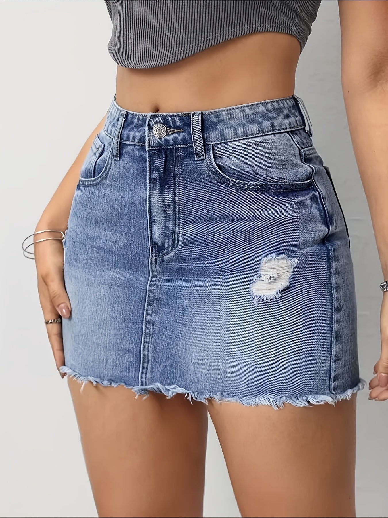 Women'S High Stretch Bodycon Denim Skirt | Distressed Washed, Raw Hem, Mid Waist, Slim Fit for Spring/Summer/Fall