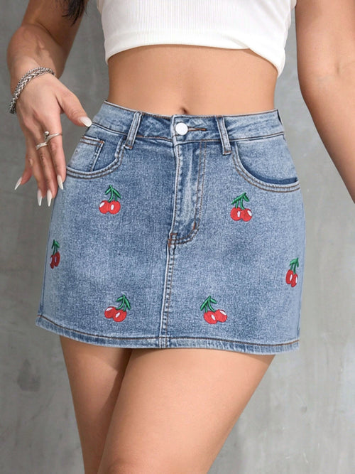 1pc New Women's Cherry Embroidery Bow Pocket Accent Stretch Loose Blue Denim Skirt, Casual Minimalist Washed Denim Skirt with Pockets, Mid-Waist Waist-Cinching Comfortable Solid Color Denim Skirt, Elegant Women's Clothing, Suitable for Work, Travel