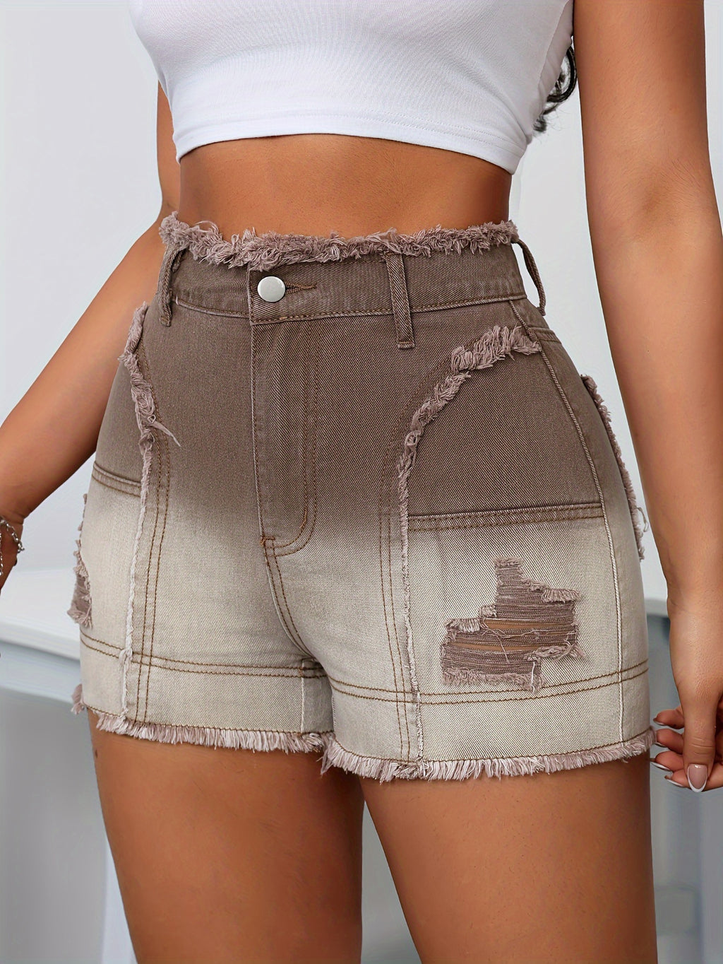Frayed Edge Gradient Color Ripped Washed Denim Shorts