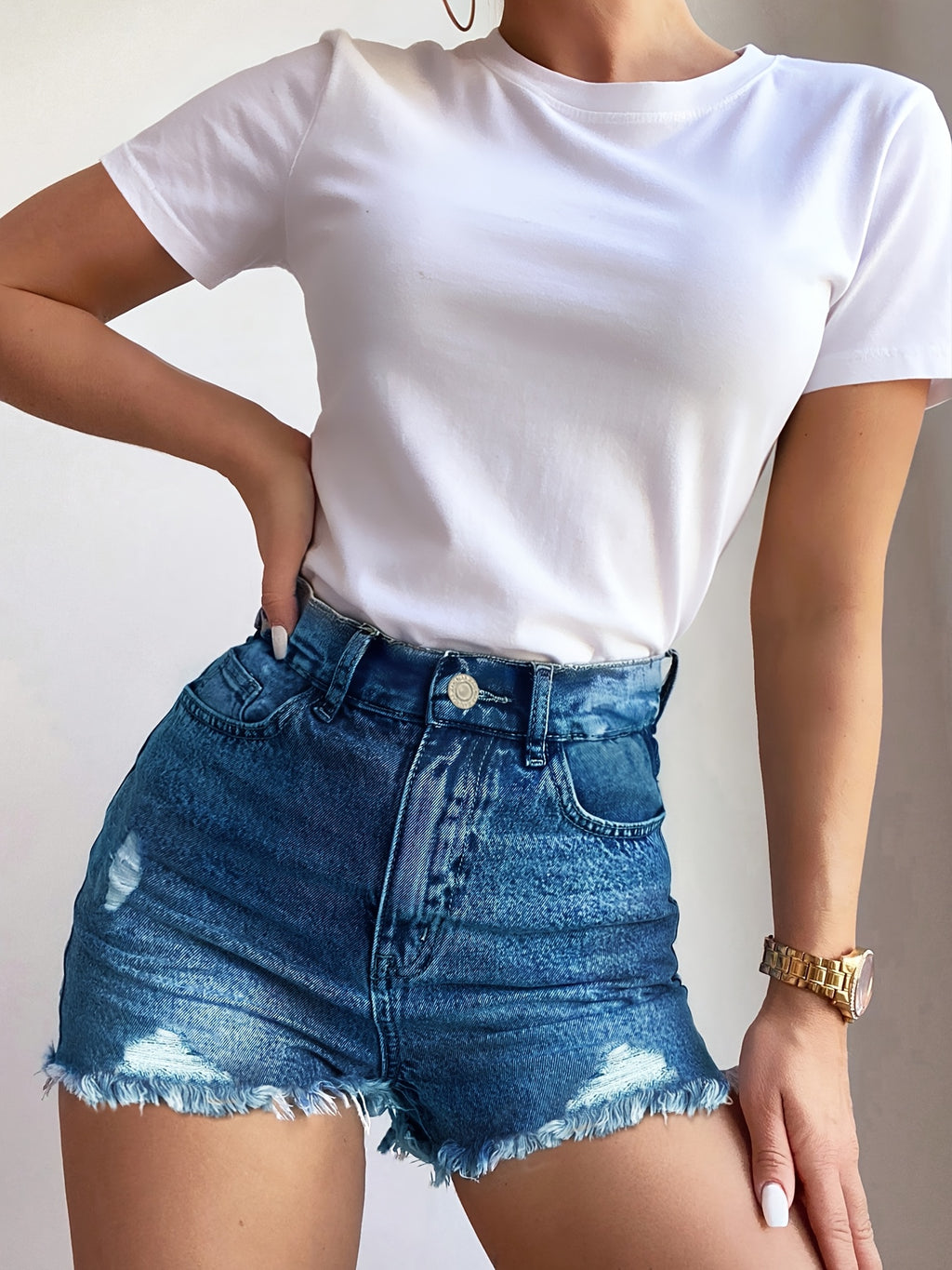 New Women'S High-Waisted Fashionable Blue Stretchy Denim Shorts, Spring And Summer Slim-Fit Ripped Frayed Casual Pants, American Style Sexy Butt-Lifting Outfit for Hot, Made from Washed Denim Stretch Fabric