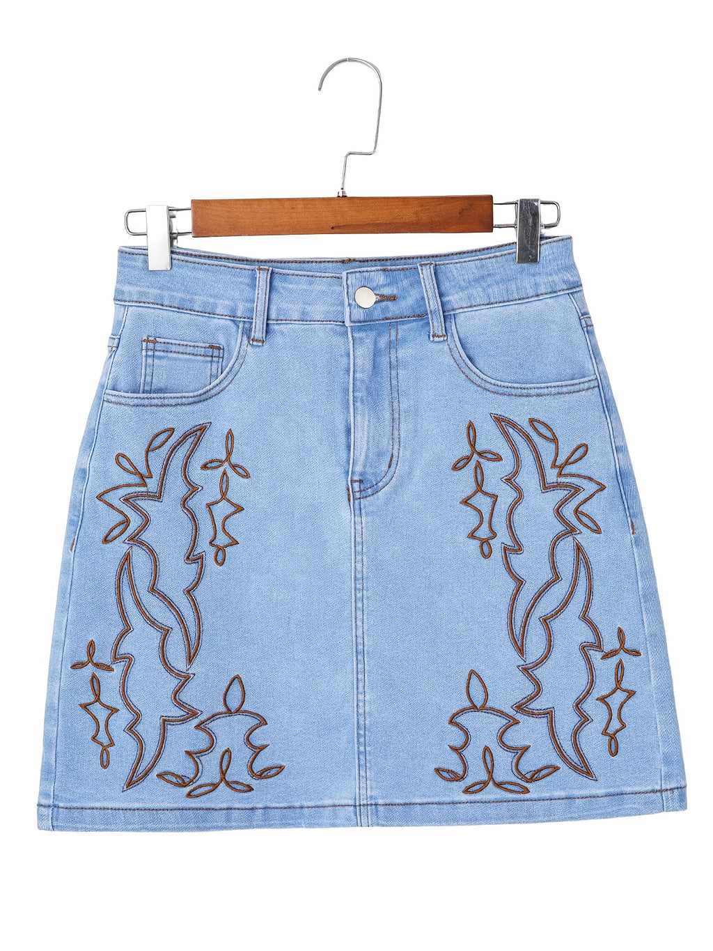 DX2511-B297 Women's Western Embroidered Denim Mini Skirt, High-waisted Stretchy Denim Pencil Skirt, Versatile Commuting, Women's Jeans and Apparel