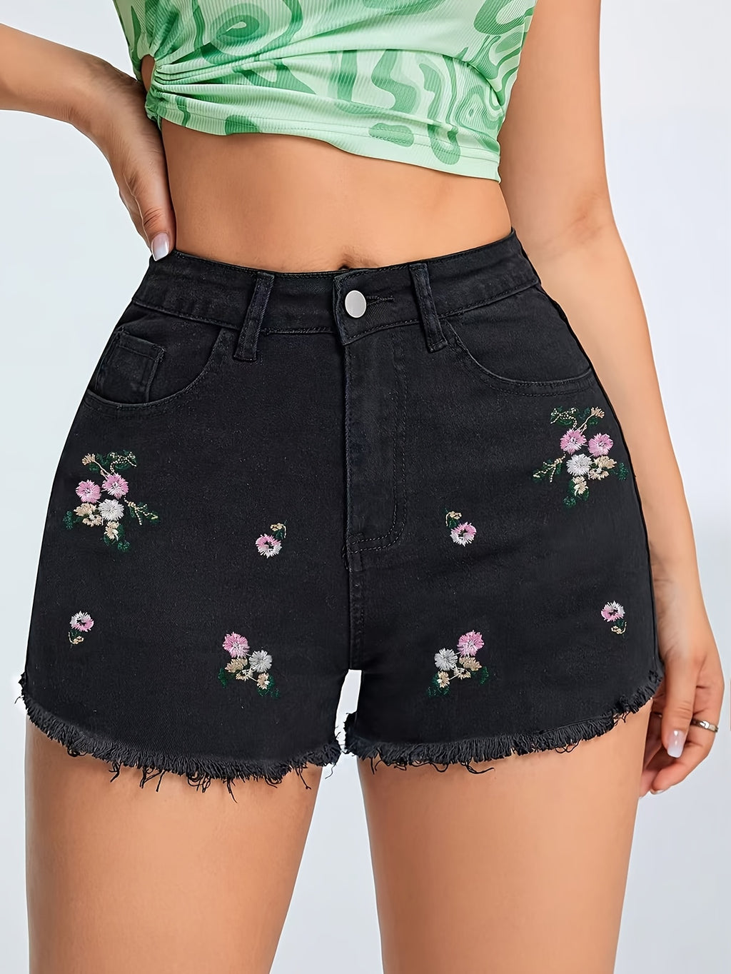 Women's Casual Raw Hem Stretch Floral Embroidered Denim Shorts with Pockets