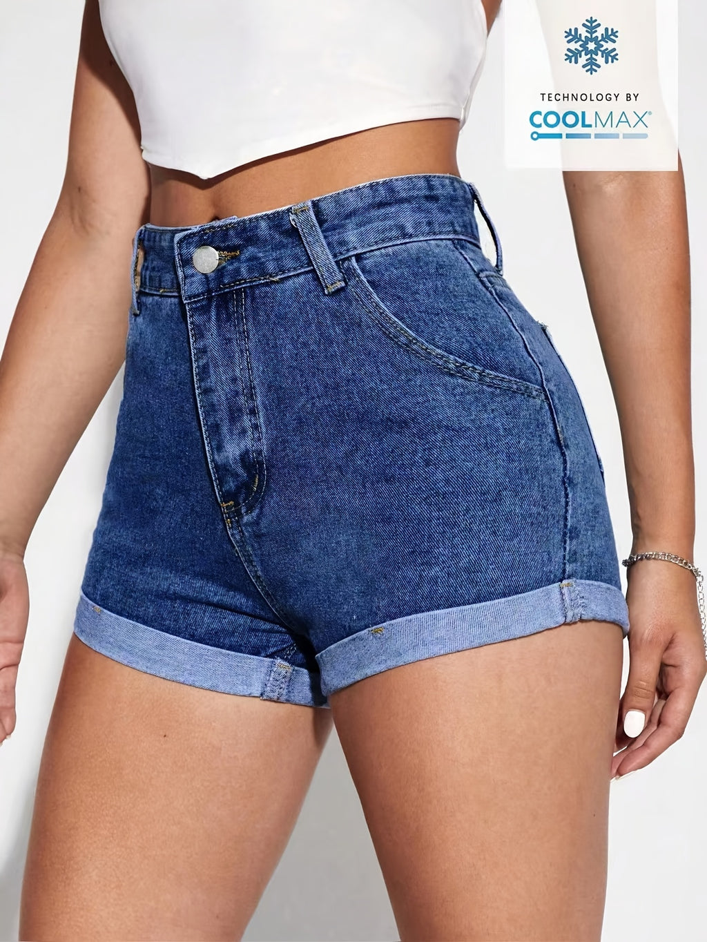 2026 New Women'S Denim Blue High Waisted Denim Shorts | Comfortable, High-Quality, Elegant, Casual, Summer, Rolled Edges, Button Detail