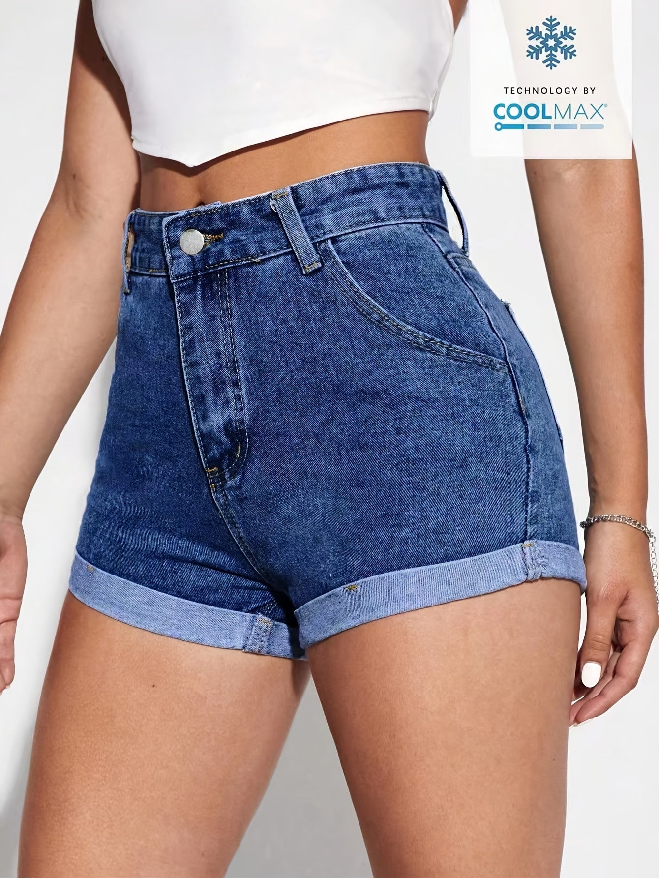 2026 New Women'S Denim Blue High Waisted Denim Shorts | Comfortable, High-Quality, Elegant, Casual, Summer, Rolled Edges, Button Detail
