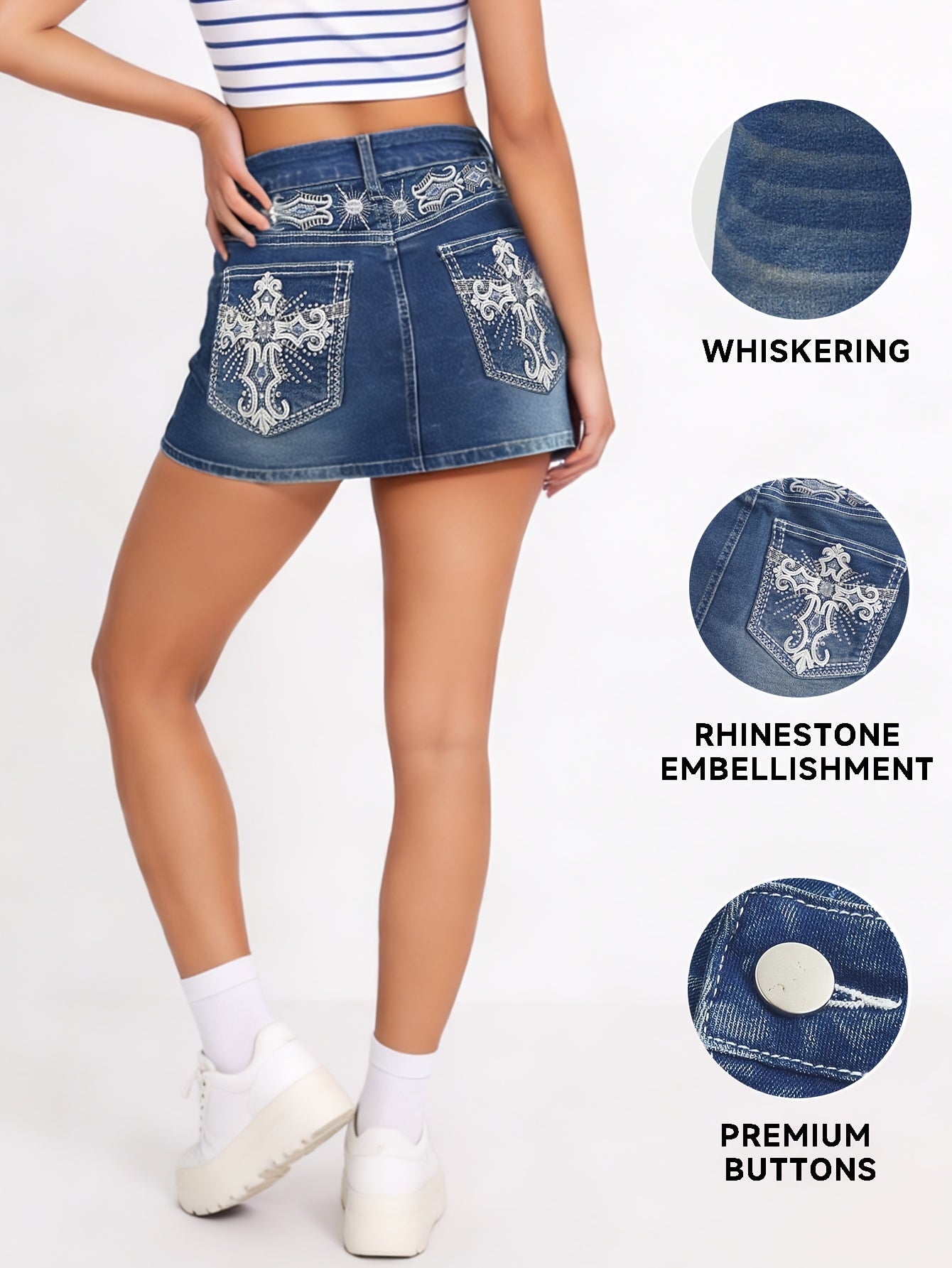 Vintage Washed Blue Denim Mini Skirt for Women, High-Waisted with Embroidered Back, Fitted Pencil A-Line Design