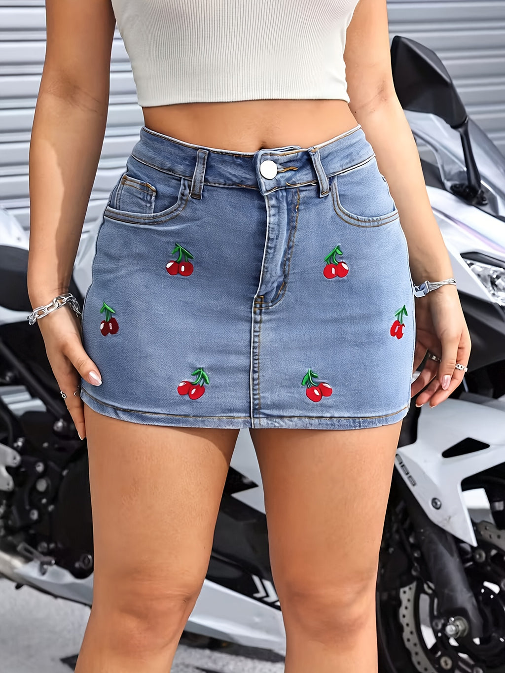Women's Cherry Embroidery Bow Pocket Accent Stretch Denim Bermuda Skirt 1PC2026SS Popular - Casual Style - Blue Washed Denim Skirt - Essential for Daily Commute and Weekend Versatile Outings - Gift