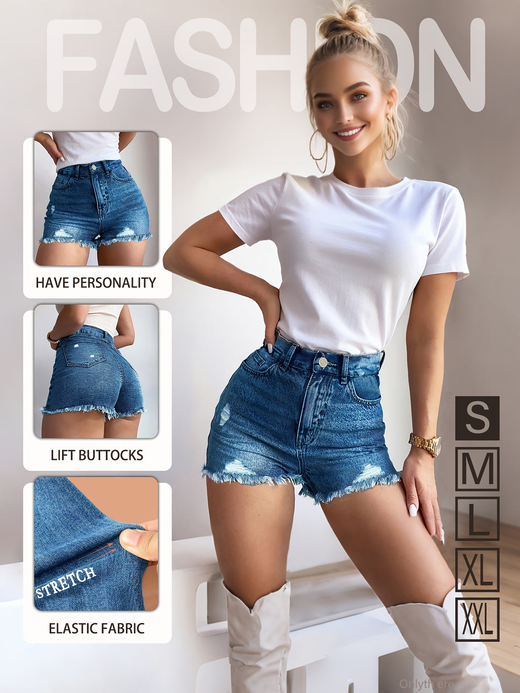New Women'S High-Waisted Fashionable Blue Stretchy Denim Shorts, Spring And Summer Slim-Fit Ripped Frayed Casual Pants, American Style Sexy Butt-Lifting Outfit for Hot, Made from Washed Denim Stretch Fabric