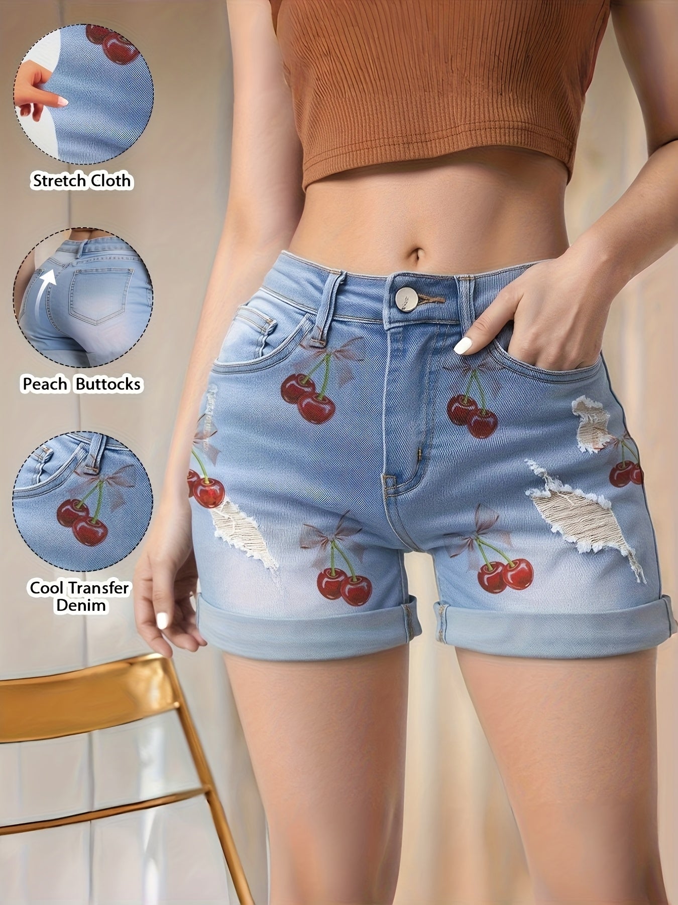 Women's High-Waisted Distressed Denim Shorts with rolled-up hem - Washed Blue Frayed Hem Short Cut Casual Summer Shorts, Button Closure & Slim Fit for Jeans Outfits (No  Needed)