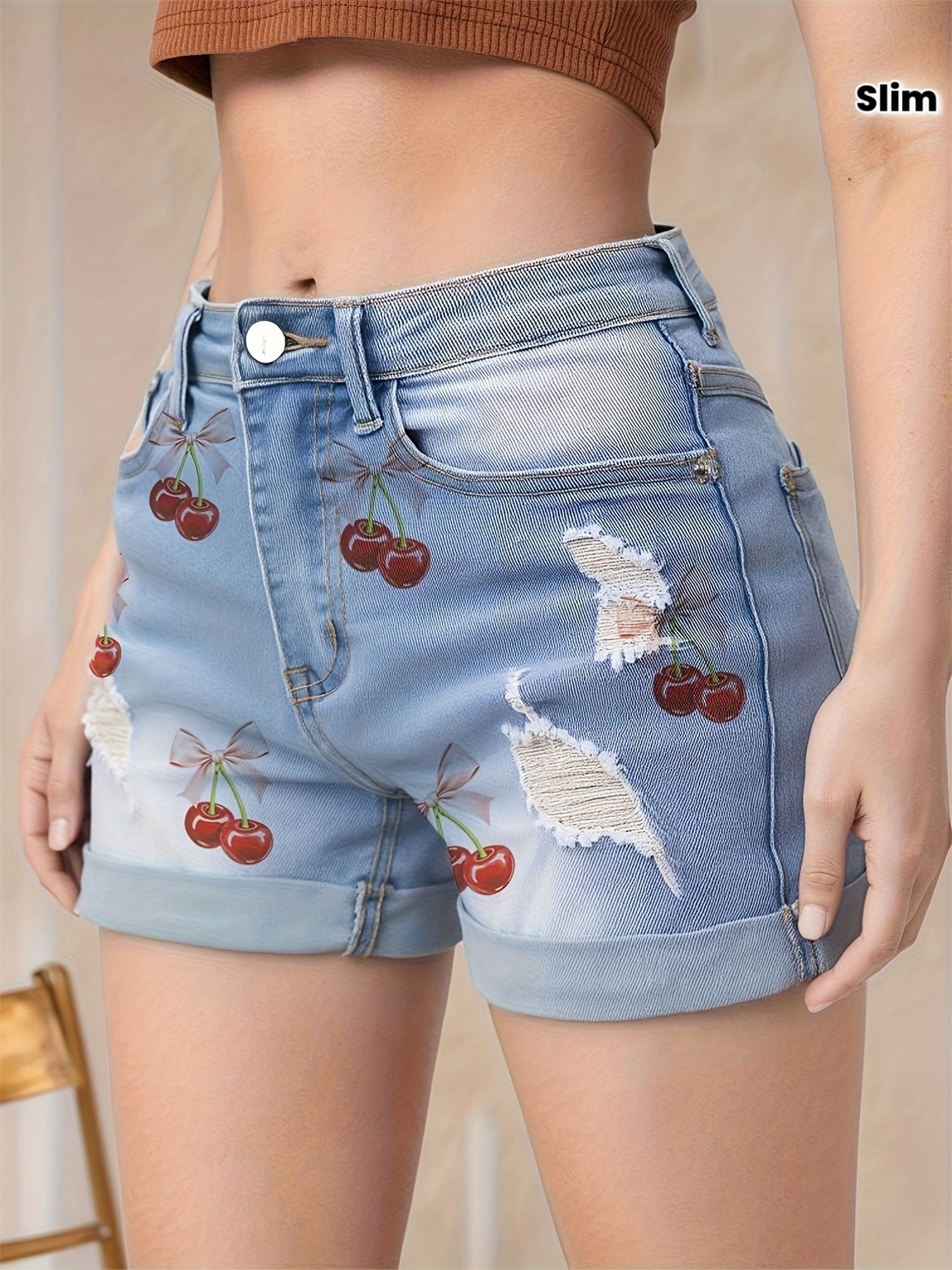 Women's High-Waisted Distressed Denim Shorts with rolled-up hem - Washed Blue Frayed Hem Short Cut Casual Summer Shorts, Button Closure & Slim Fit for Jeans Outfits (No  Needed)