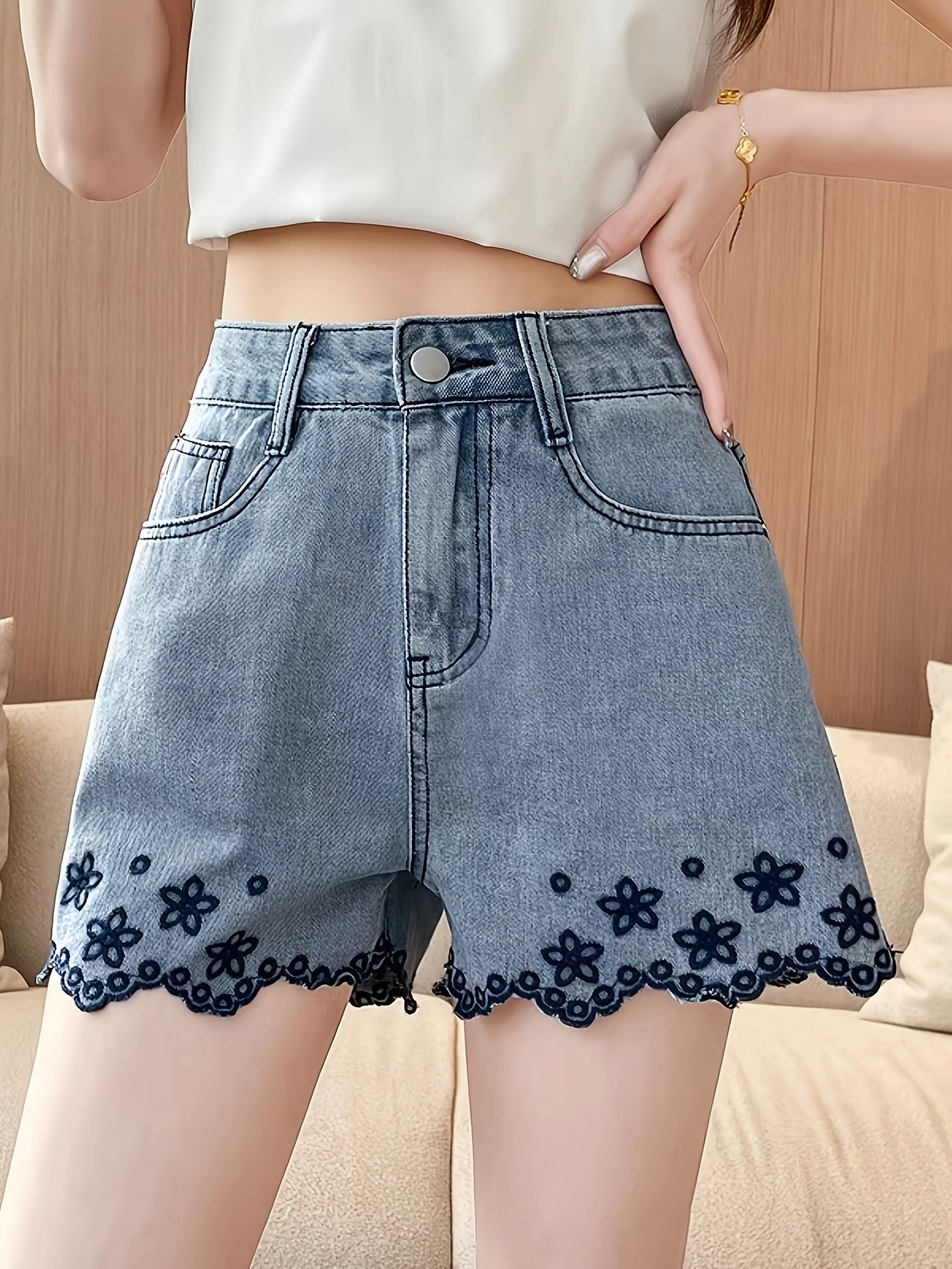 Vacation Style Women'S Embroidered Denim Shorts, Made from Ultra-Soft Fabric, a Summer Essential in Non-Stretch Material, Solid Color, Short Length, Floral Pattern, French Romantic Vibe. Can Be Worn As Loungewear, Light Blue Wash, Mid-High Waist