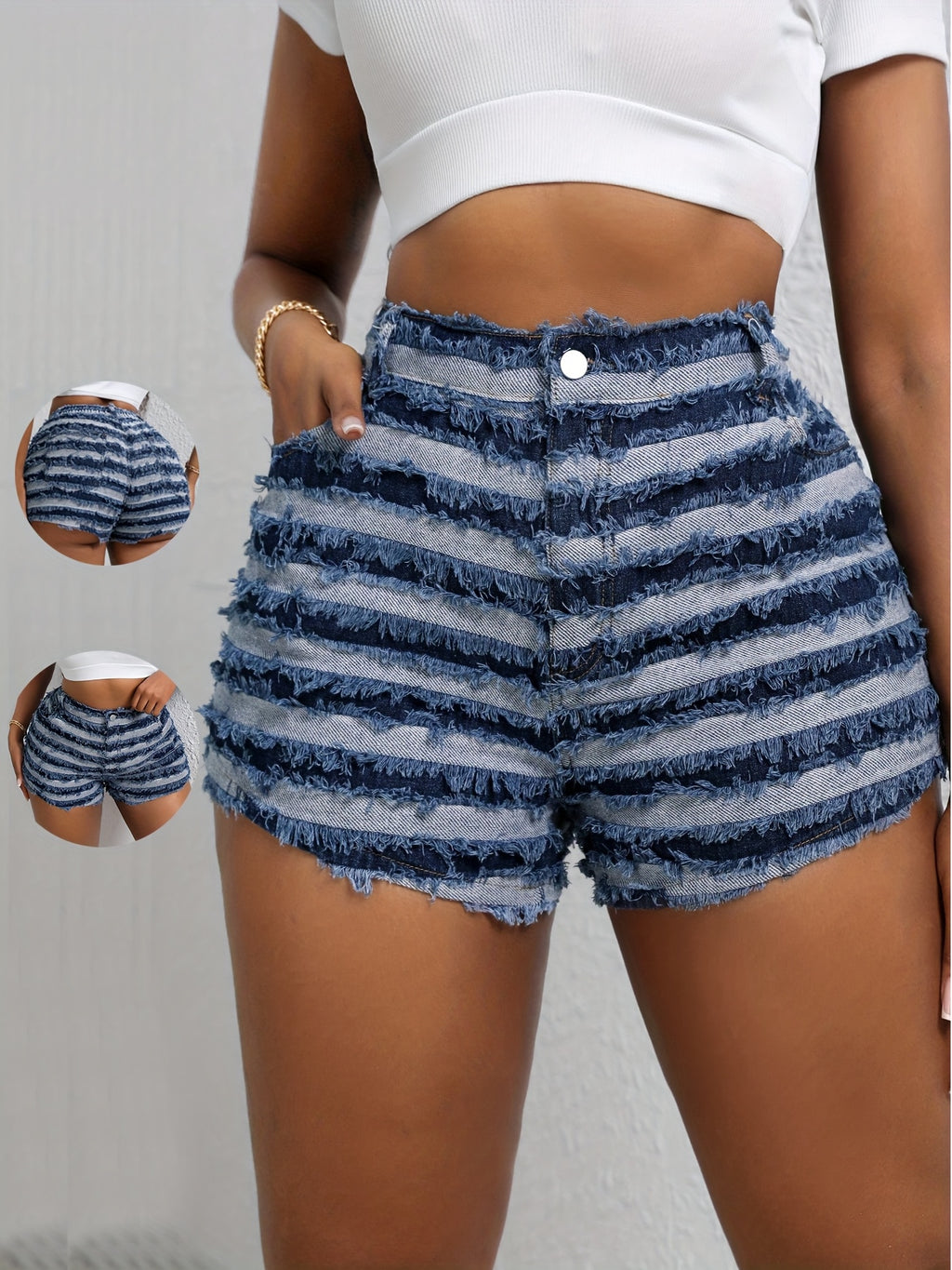 Women's Stretch Denim Shorts with High Waist, Fringe Details, Machine Washable - Perfect for Spring and Summer