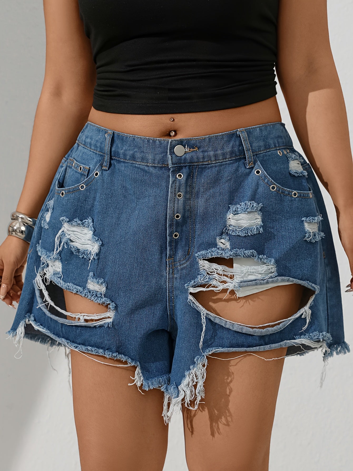 Large Women'S Denim Shorts | Non-Stretch Fabric, Solid Color, Spring/Summer Season, Pocket Details, Wide Leg Style