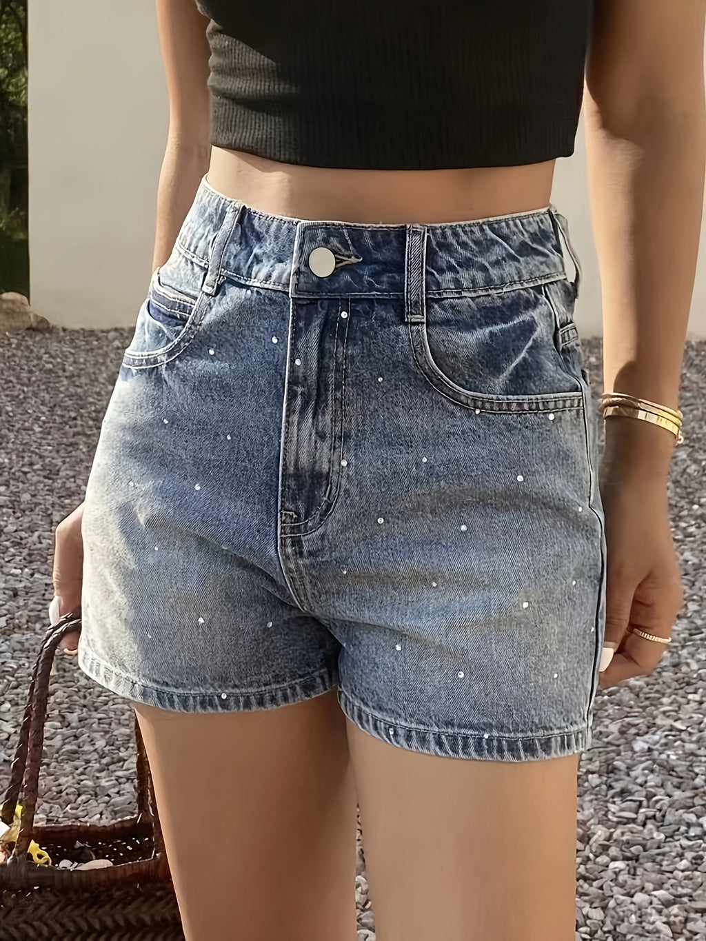 Casual Rhinestone Denim Shorts | High Stretch Fabric, Solid Color, Summer Season