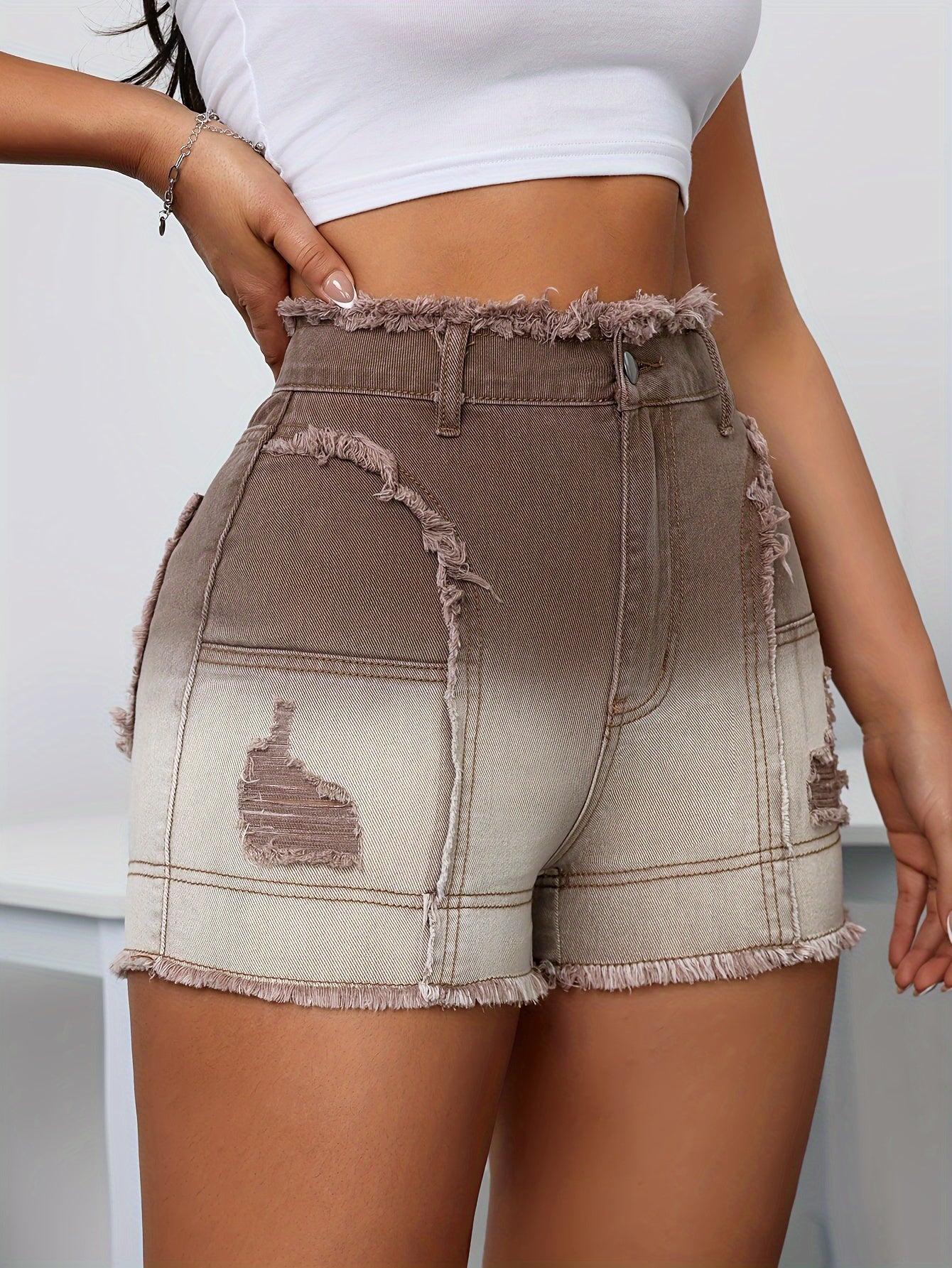 Frayed Edge Gradient Color Ripped Washed Denim Shorts