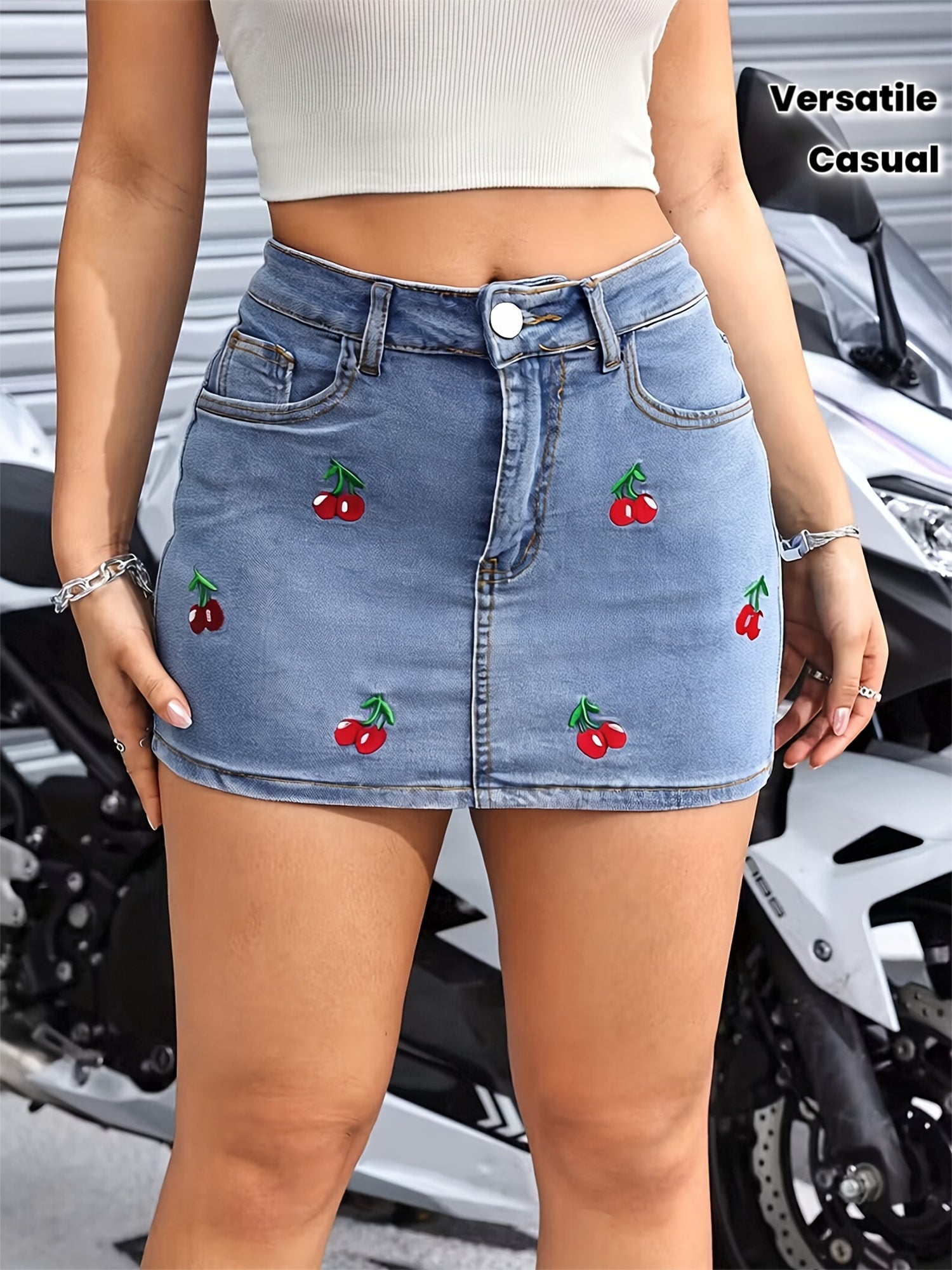Women's Cherry Embroidery Bow Pocket Accent Stretch Denim Bermuda Skirt 1PC2026SS Popular - Casual Style - Blue Washed Denim Skirt - Essential for Daily Commute and Weekend Versatile Outings - Gift