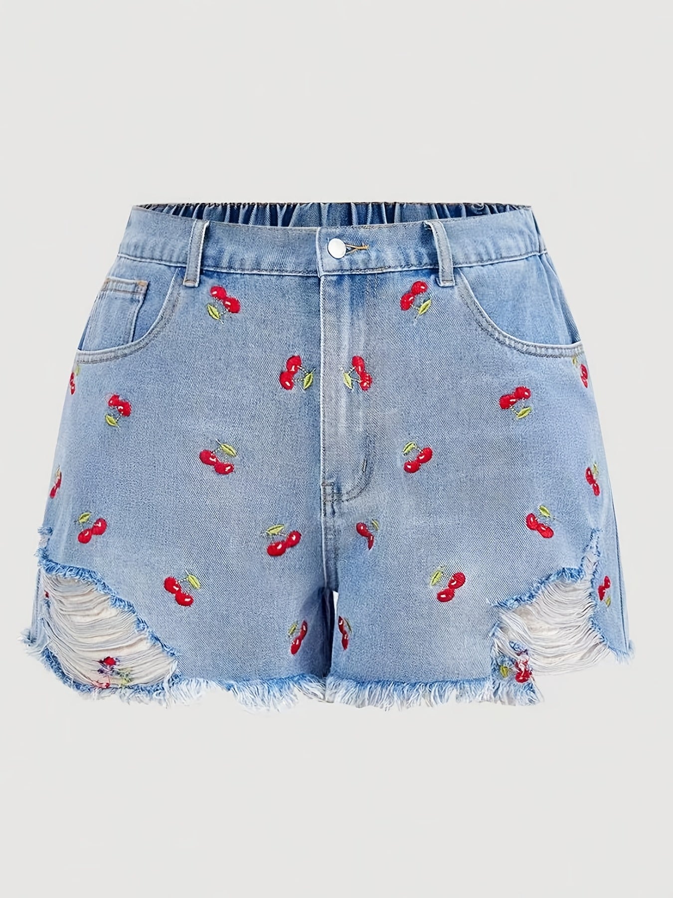 Spring/Summer Cherry Embroidery Casual Fashion Plus Size Women's Denim Shorts
