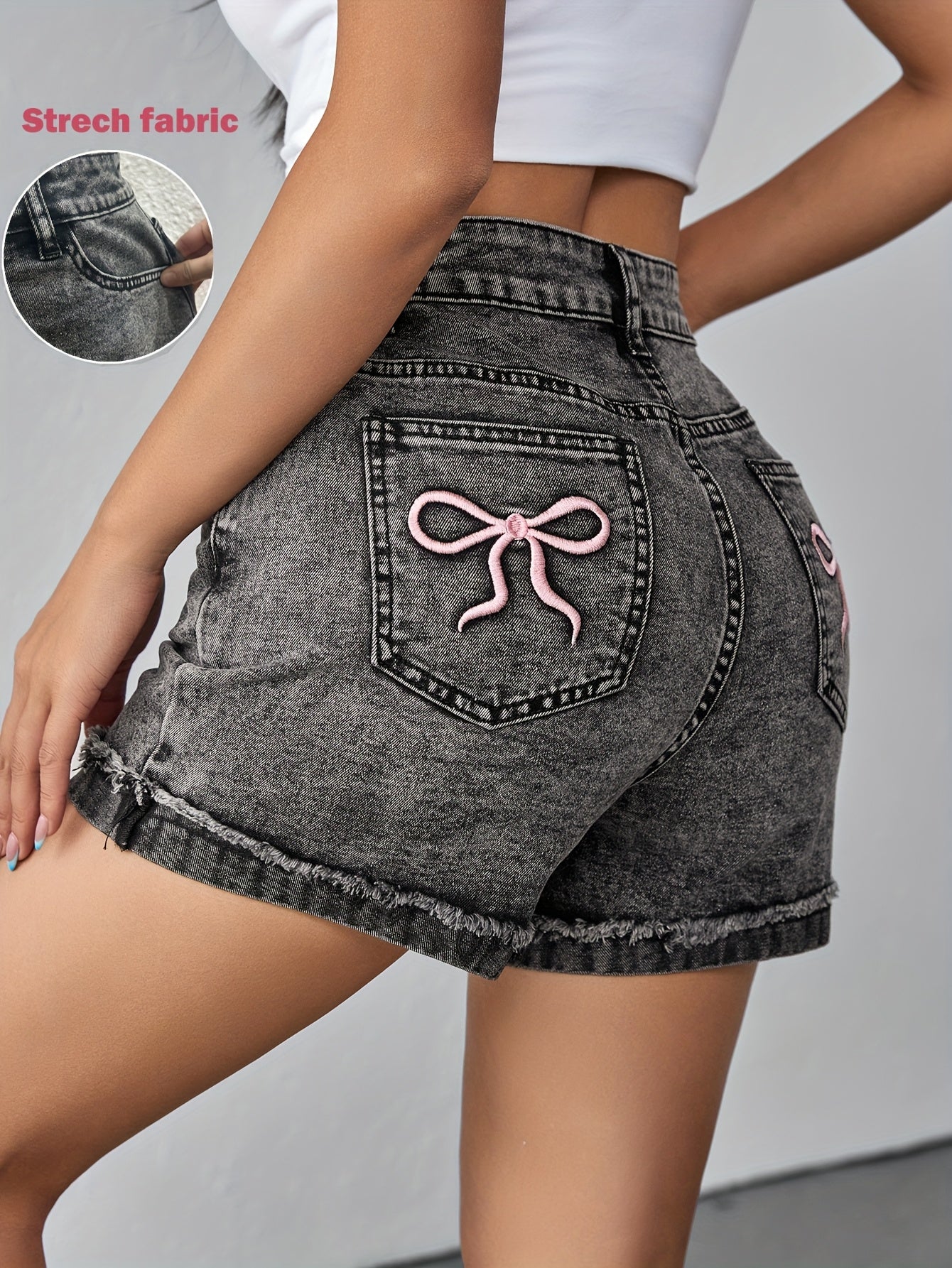 1pc bow embroidered folded hem vintage washed slightly stretch denim shorts