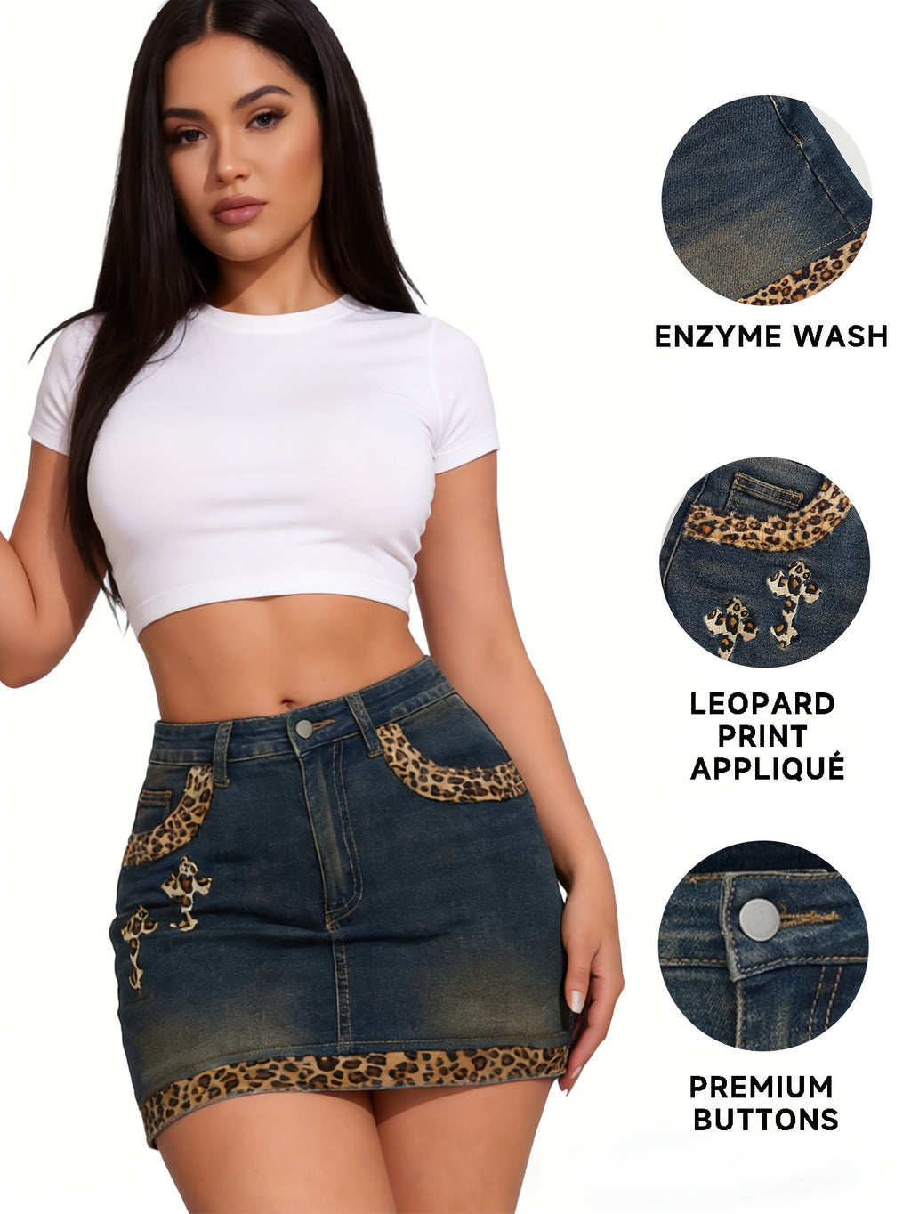 Women's Charcoal Grey Embroidered Leopard Print Denim Pencil Skirt